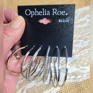 Ophelia Roe 3 pair pierced wire silver tone hoop earrings